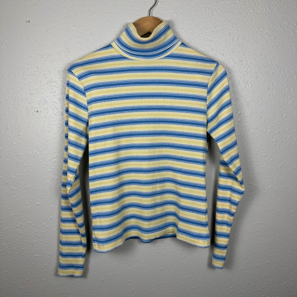 Vintage Arizona Womens L Turtleneck Long Sleeve Striped Ribbed Blue Yellow Y2K